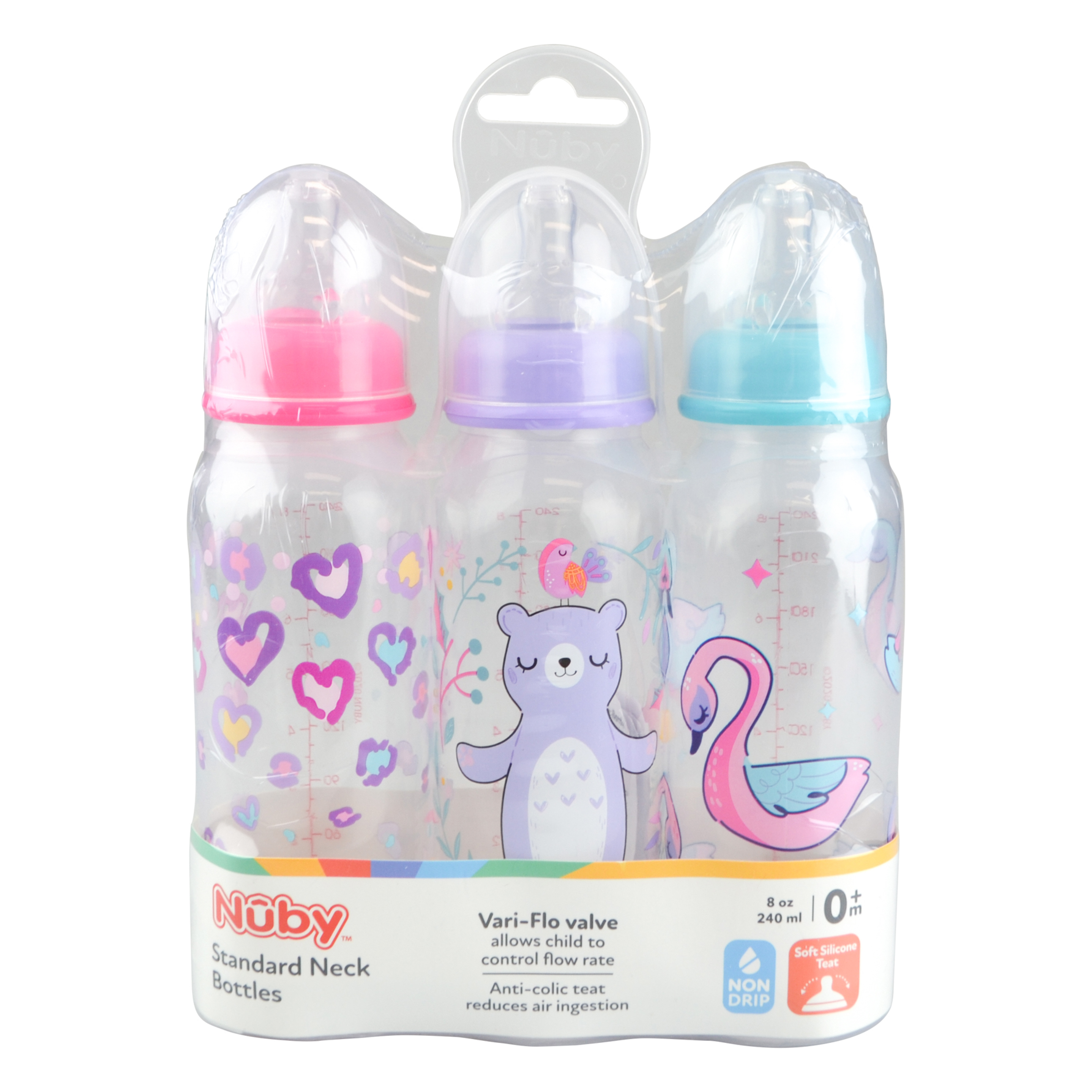 Nuby Standard Neck Bottles with Vari Flow Teat 3 Pack 240ml