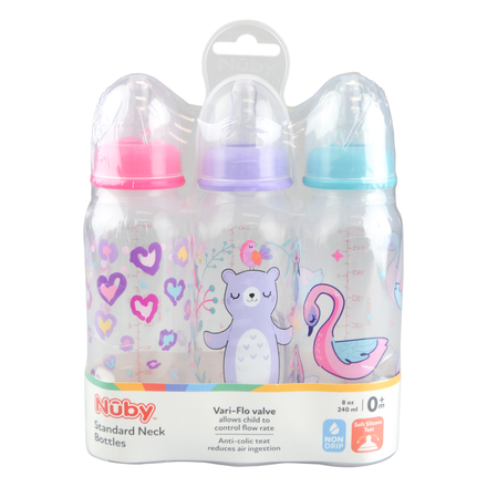 Nuby Standard Neck Bottles with Vari Flow Teat 3 Pack 240ml